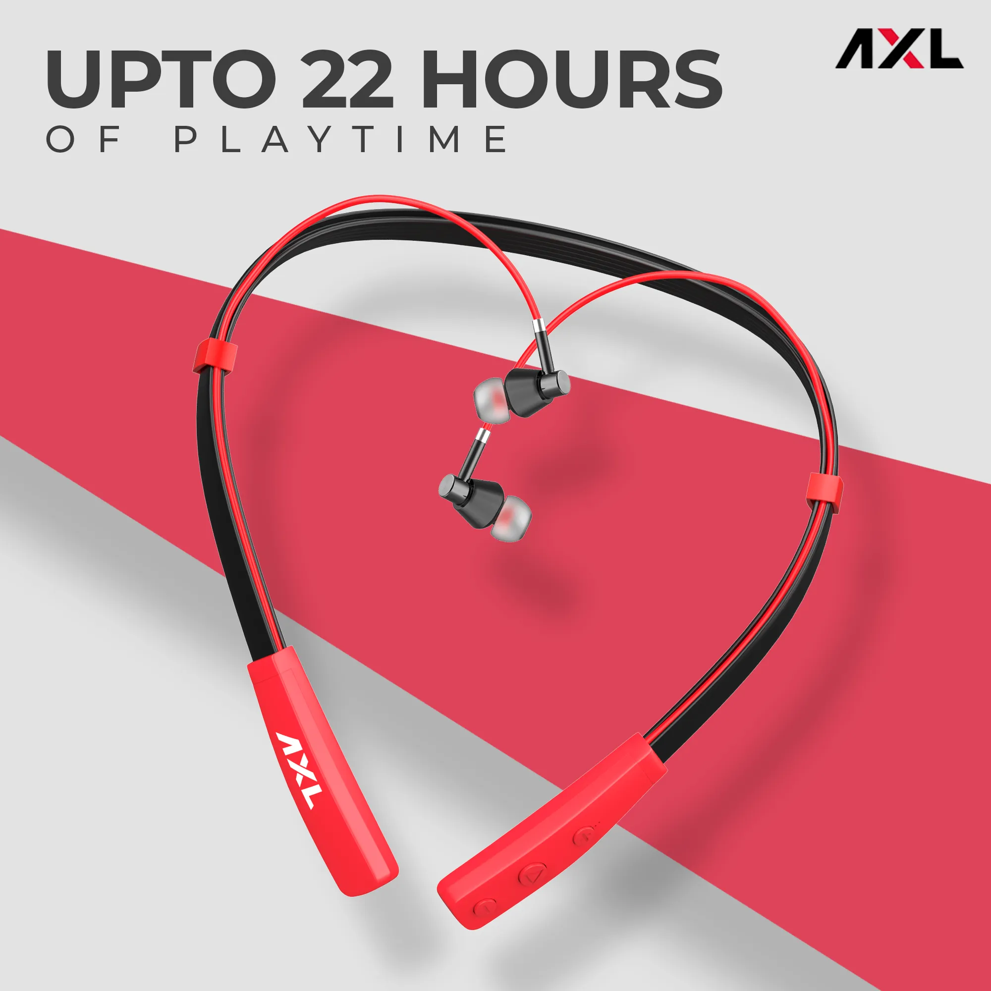 AXL ABN07 Wireless Neckband with Up to 22 Hour Playtime, Adjustable Clip, Passive Noise Cancellation, Magnetic Earbuds, Bluetooth V5.0 and Built-in Mic Flexible Neckband Black/Red