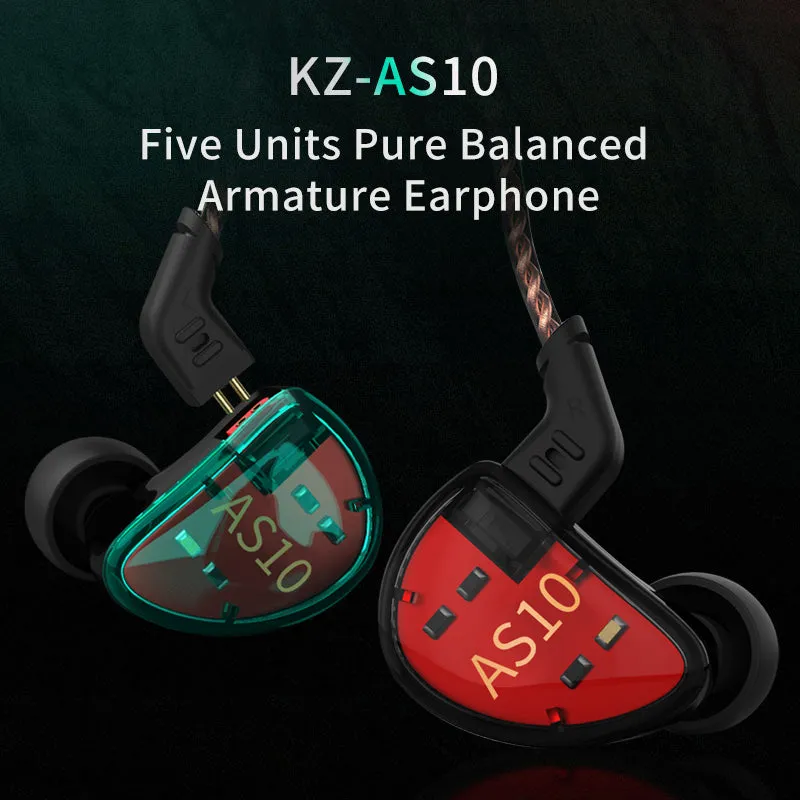 KZ AS10 Headphones 5BA Balanced Armature Driver HIFI Bass Earphones In Ear Monitor Noise Cancelling