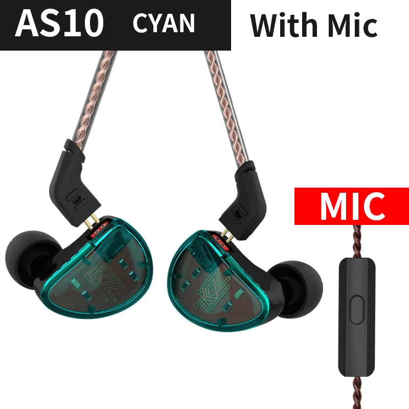 KZ AS10 Headphones 5BA Balanced Armature Driver HIFI Bass Earphones In Ear Monitor Noise Cancelling