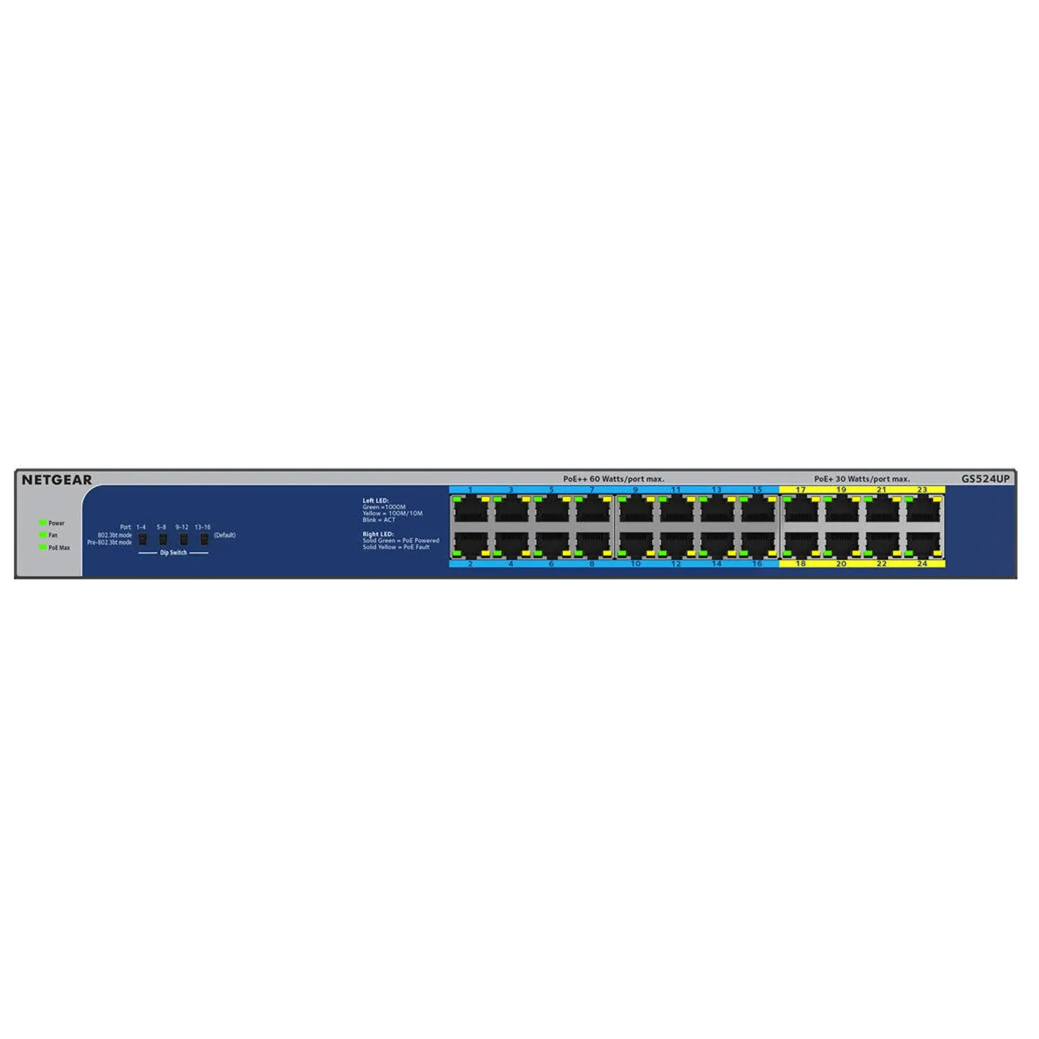 NETGEAR 24-Port Gigabit Ethernet Unmanaged PoE Switch (GS524UP) - with 8 x PoE  and 16 x PoE   @ 480W, Desktop/Rackmount, and ProSAFE Lifetime Protection