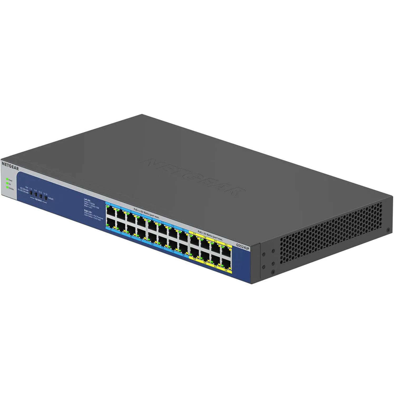 NETGEAR 24-Port Gigabit Ethernet Unmanaged PoE Switch (GS524UP) - with 8 x PoE  and 16 x PoE   @ 480W, Desktop/Rackmount, and ProSAFE Lifetime Protection