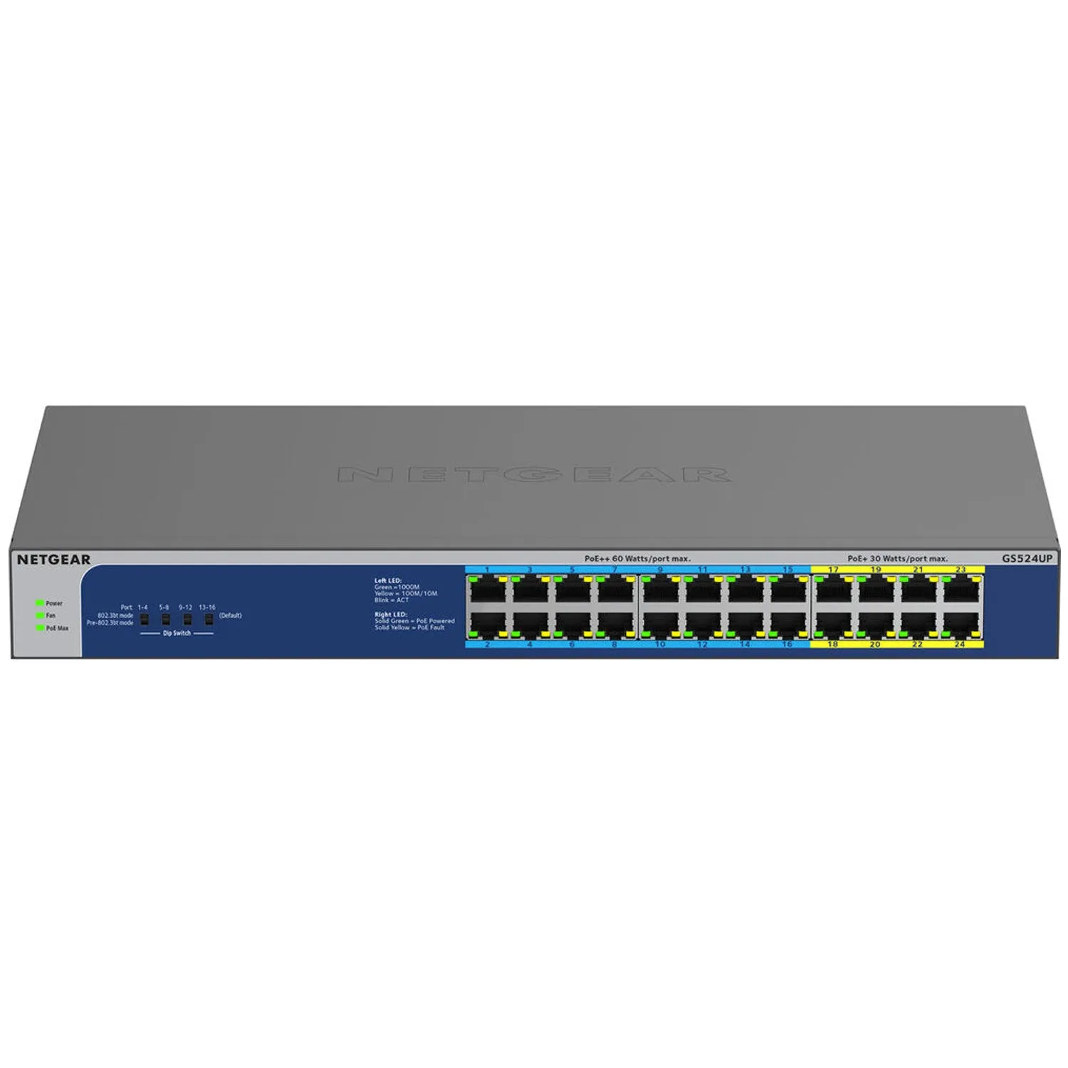 NETGEAR 24-Port Gigabit Ethernet Unmanaged PoE Switch (GS524UP) - with 8 x PoE  and 16 x PoE   @ 480W, Desktop/Rackmount, and ProSAFE Lifetime Protection